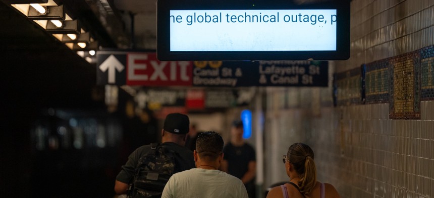 A sign in the New York City subway alerts riders that train information is unavailable due to a worldwide technology outage sparked by a faulty Crowdstrike update last week.