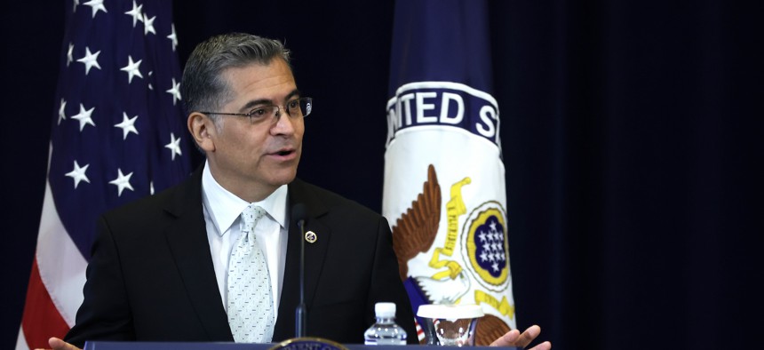 Health and Human Services Secretary Xavier Becerra, shown here at an August 2023 event, announced a restructuring of tech-related roles and responsibilities at HHS.