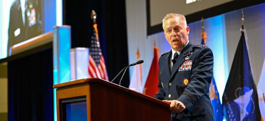 NSA Director and Cyber Command Commander Gen. Timothy Haugh speaks at an industry event in Baltimore in June 2024.