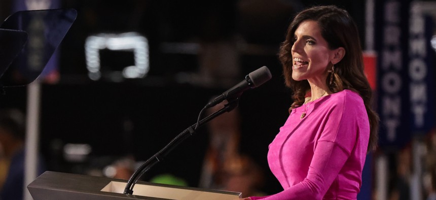 Rep. Nancy Mace, R.-S.C., speaks at the Republican National Convention in Milwaukee on July 17. She's backing legislation to explore the potential benefits of blockchain at the Department of Veterans Affairs.