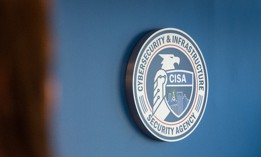 The CISA logo at agency headquarters in Arlington, Va.