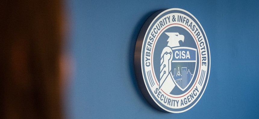 The CISA logo at agency headquarters in Arlington, Va.