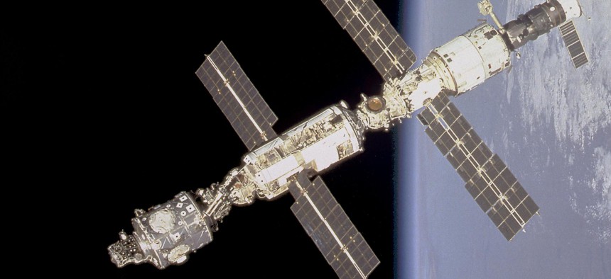 International Space Station in orbit as seen from the Space Shuttle Endeavour prior to a docking mission in 2000.