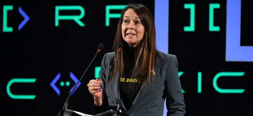 Director of the Cybersecurity and Infrastructure Security Agency Jen Easterly delivers a speech during 'Kyiv international cyber resilience forum 2024. She told audiences at the Black Hat conference Aug. 7 that her agency had not seen evidence of the Volt Typhoon hacking collective being able to access voting infrastructure.