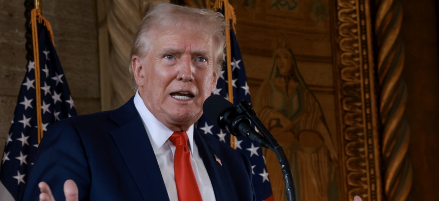 PALM BEACH, FLORIDA - AUGUST 08: Republican presidential candidate former President Donald Trump speaks during a press conference at Mr. Trump's Mar-a-Lago estate on August 08, 2024.