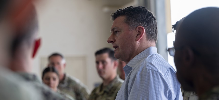 Christopher Maier, the assistant secretary of defense for special operations and low-intensity conflict, speaks with U.S. Special Operations Command Africa troops at Camp Lemonnier, Djibouti, July 23, 2023. 