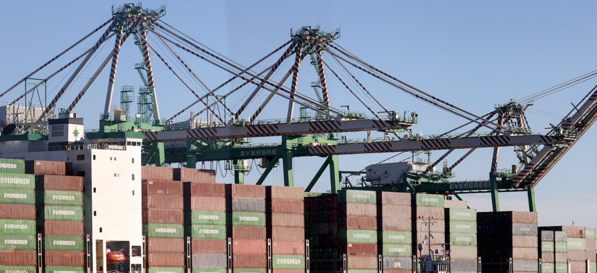 Cranes and shipping containers at the Port of Los Angeles. A recent congressional report alleges that Chinese-made tech in U.S. shipping infrastructure could support cyber breaches and espionage.