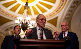 Senate Majority Leader Chuck Schumer speaks to reporters alongside Sens. Richard Blumenthal (L) and Ed Markey (R). Schumer and Markey are asking OMB to do more to mitigate AI bias at federal agencies. 