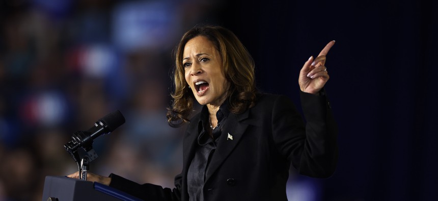 Vice President and Democratic presidential nominee speaks at a campaign rally in Wilkes-Barre, Pa. on Sept. 16, 2024. Harris touted skills-based hiring for the federal workforce in her remarks.