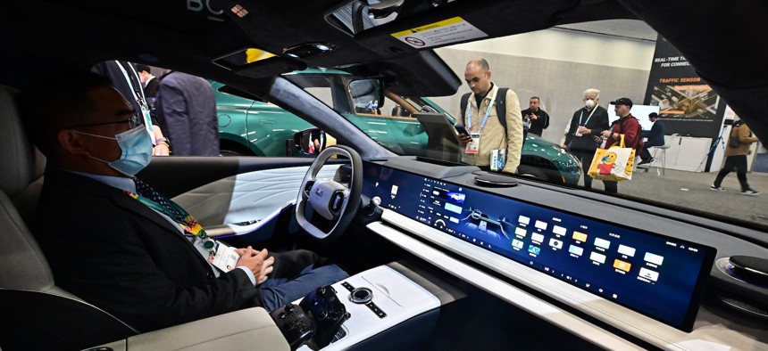 A 45-inch BOE Technology display is featured in an electric vehicle at Consumer Electronics Show in Las Vegas in January 2024. BOE is one of two companies named in a legislative letter requesting new restrictions on Defense Department purchases of Chinese-made gear.