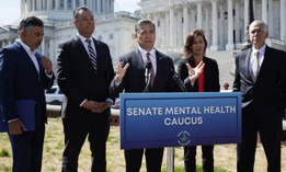 In March 2024, FCC Chairwoman Jessica Rosenworcel (second from right) joined U.S. Health and Human Services Secretary Xavier Becerra (C) and (L-R)  Rep. Tony Cardenas (D-Calif.), Sen. Alex Padilla (D-Calif.),  and Sen. Thom Tillis (R-N.C.) to advocate for georouting for 988 hotline calls. The FCC is set to vote on the policy next month.