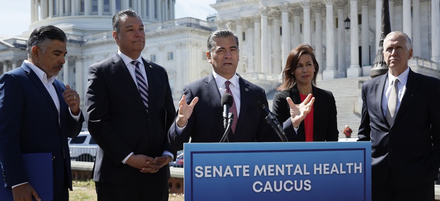 In March 2024, FCC Chairwoman Jessica Rosenworcel (second from right) joined U.S. Health and Human Services Secretary Xavier Becerra (C) and (L-R)  Rep. Tony Cardenas (D-Calif.), Sen. Alex Padilla (D-Calif.),  and Sen. Thom Tillis (R-N.C.) to advocate for georouting for 988 hotline calls. The FCC is set to vote on the policy next month.