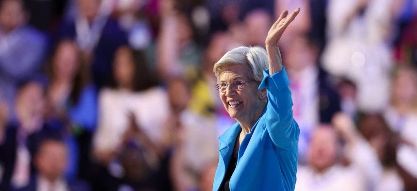 Sen. Elizabeth Warren, D-Mass., shown here on stage at the Democratic National Convention on Aug. 22, 2024, is one of a trio of lawmakers questioning the IRS about its use of biometrics in its new Direct File program.