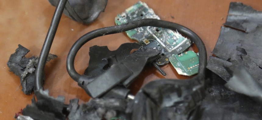 The remains of exploded Hezbollah pagers photographed on September 18, 2024, in Beirut's southern suburbs. 