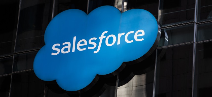 The Salesforce logo as seen on its San Francisco headquarters.