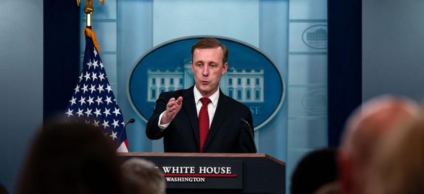 National Security Advisor Jake Sullivan, shown here briefing reporters earlier this month, discussed new policy covering artificial intelligence and national security in remarks at Ft. McNair in Washington D.C. on Oct. 24.