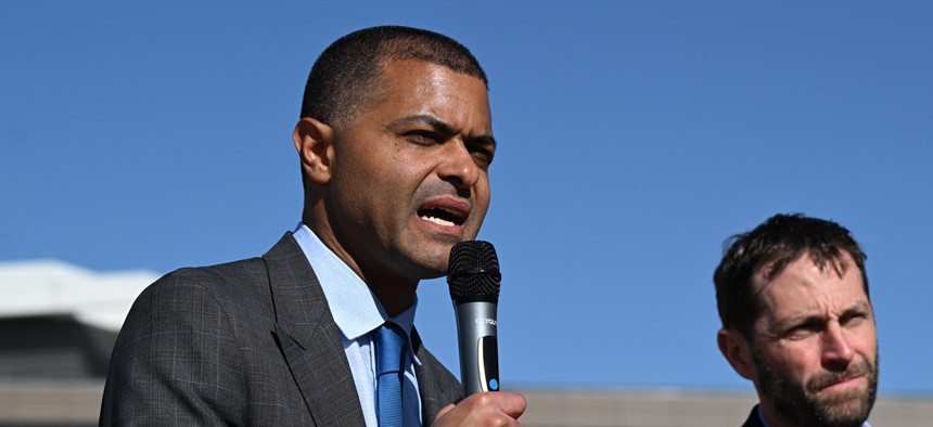 Dr. Shereef Elnahal, VA Under Secretary for Health, speaks during a press conference outside of Building A of the U.S. Department of Veterans Affairs at 1700 North Wheeling St in Aurora, Colorado on March 4, 2024.  Elnahal announced the creation of an interagency testing ground for healthcare AI applications at the Veterans Health Administration Innovation Experience Oct. 30.