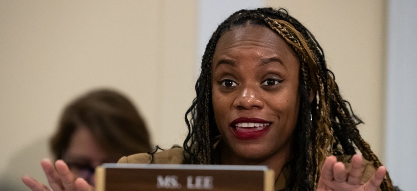 Rep. Summer Lee (D-PA) questions witnesses during a roundtable on Supreme Court ethics hosted by House Oversight Committee Democrats, Washington, DC, June 11, 2024. Lee introduced legislation Nov. 1 that would require agencies to create an office focused on civil rights and their use of AI technology.