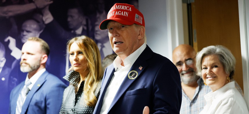 Republican presidential nominee former President Donald Trump thanks his staff at his campaign headquarters on Election Day, November 05, 2024 in West Palm Beach, Florida. 