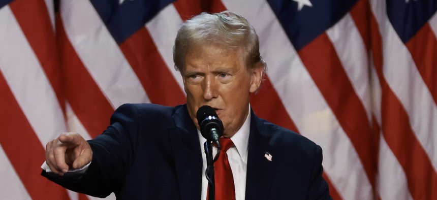 Donald Trump speaks during an election night event at the Palm Beach Convention Center on Nov. 6, 2024 in West Palm Beach, Fla. 