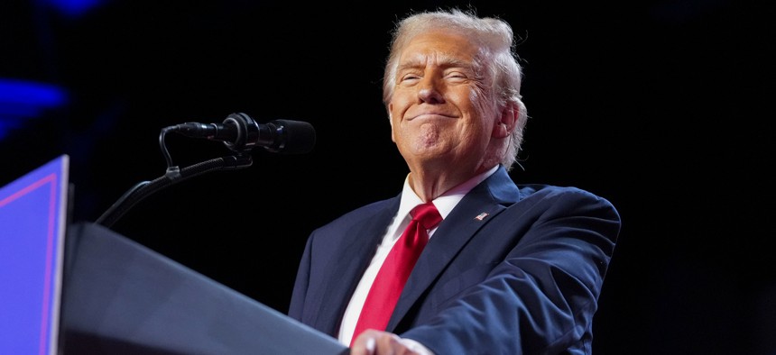 Republican presidential candidate Donald Trump addresses the crowd after being declared the winner during an election night party at the Palm Beach County Convention Center in West Palm Beach, Florida on November 6, 2024.