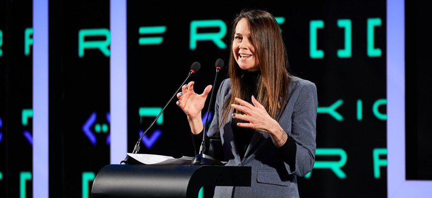 Director of the Cybersecurity and Infrastructure Security Agency Jen Easterly speaks during Kyiv International Cyber Resilience Forum 2024 on February 7, 2024. Easterly will depart as head of the agency on Inauguration Day.