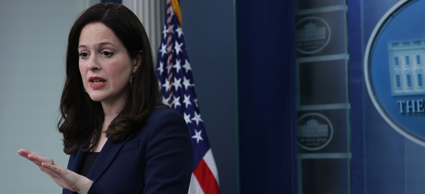 U.S. Deputy National Security Advisor for Cyber and Emerging Technology Anne Neuberger speaks during a White House daily press briefing . Neuberger said during a Nov. 14 call that the FCC will soon announce the lead for the Cyber Trust Mark program.