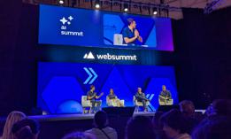 Ben Colman, co-founder and CEO of Reality Defender; Sabrina Palme, CEO of Palqee Technologies Ltd; Kalev Leetaru, founder of the GDELT Project; and moderator Ed Fraser from Channel 4 News speak during a panel at the Web Summit in Lisbon, Portugal.