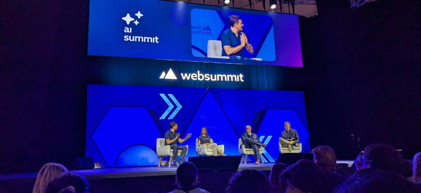 Ben Colman, co-founder and CEO of Reality Defender; Sabrina Palme, CEO of Palqee Technologies Ltd; Kalev Leetaru, founder of the GDELT Project; and moderator Ed Fraser from Channel 4 News speak during a panel at the Web Summit in Lisbon, Portugal.