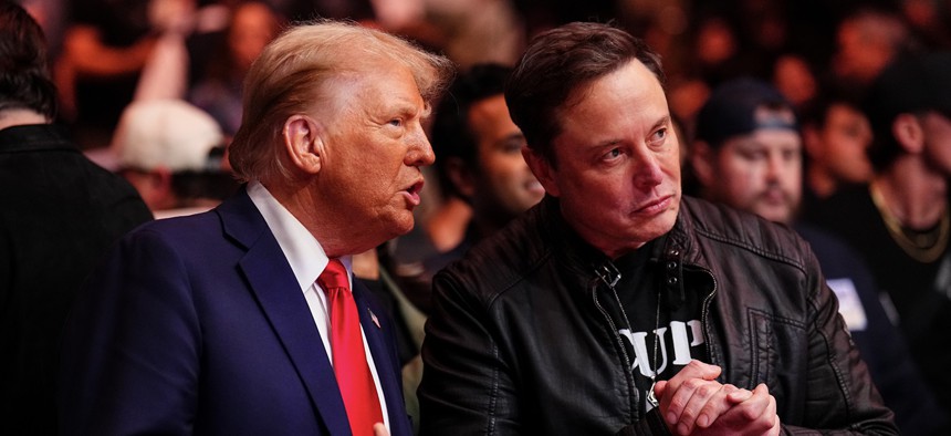 President-elect Donald Trump and Elon Musk talk ring side during the UFC 309 event at Madison Square Garden on November 16, 2024 in New York City.