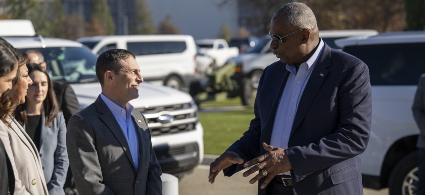 Defense Secretary Lloyd Austin meets with Defense Innovation Unit Director Doug Beck at DIU headquarters, Mountain View, Calif., Dec. 6, 2024. 