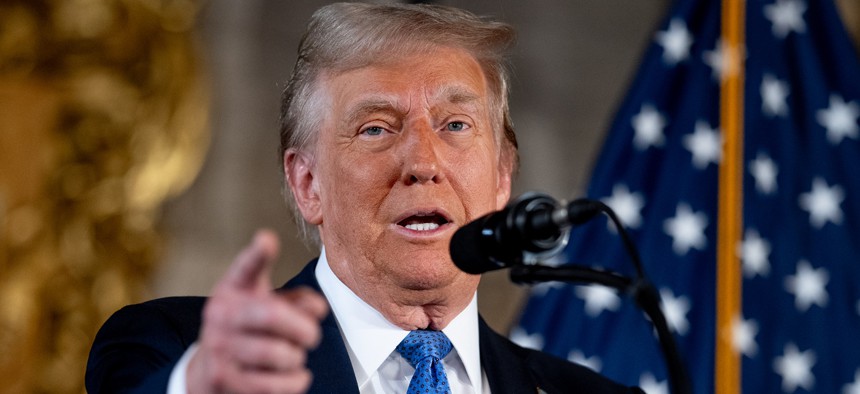 President-elect Donald Trump speaks at a news conference at Trump's Mar-a-Lago resort on December 16, 2024 in Palm Beach, Florida. Trump announced a set of leaders he intends to have serve in tech roles in his upcoming administration Dec. 22.