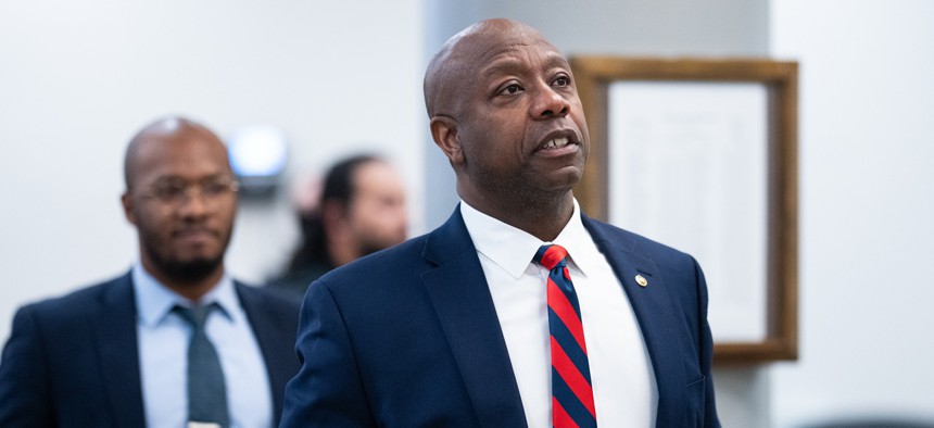 Sen. Tim Scott, R-S.C., walks through the Senate subway in the U.S. Capitol on Wednesday, December 4, 2024. Scott joined Rep. French Hill, R-Ark., in calling for the Treasury secretary to brief lawmakers on the details of a recent intrusion into agency systems.