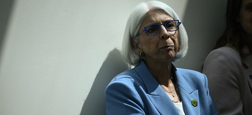  Director of the White House Office of Science and Technology Policy Arati Prabhakar listens during a Biden Cancer Moonshot Event at Tulane University in New Orleans, Louisiana, on August 13, 2024. Prabhakar said during a Dec. 7 event that the U.S. was at a 'pivotal moment' for federal R&D.