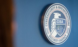 The CISA logo at agency headquarters in Arlington, Va.