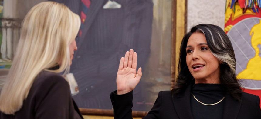 Tulsi Gabbard is sworn in as Director of National Intelligence by Attorney General Pam Bondi on February 12. Gabbard announced an investigation into the secure chat platforms and other collaboration systems used by the IC to track leakers of classified information and identify discussions deemed obscene or unprofessional.