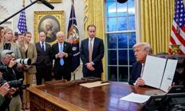President Trump at a media event in February where he signed several executive orders.
