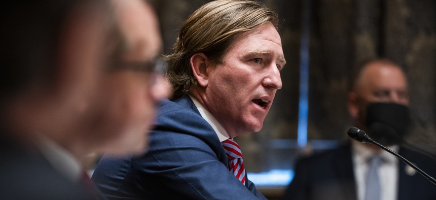 Former Cybersecurity and Infrastructure Security Agency Director Chris Krebs testifies before a Senate Homeland Security and Governmental Affairs hearing on December 16, 2020. Krebs said April 28 at the RSAC in San Francisco, California that cybersecurity should be treated as national security.