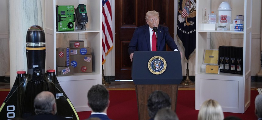 President Donald Trump delivers Investing in America remarks in the Cross Hall at the White House on Wednesday April 30, 2025 in Washington, DC.
