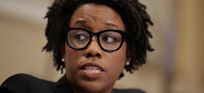 House Appropriations' Homeland Security Subcommittee ranking member Rep. Lauren Underwood (D-IL) questions Homeland Security Secretary Kristie Noem during a hearing on May 06, 2025 in Washington, DC. Underwood on Thursday questioned the acting CISA director on the reason for large budget cuts at the agency.
