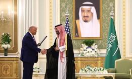 U.S. President Donald J. Trump and Saudi Crown Prince Mohammed bin Salman a signing ceremony at the Saudi Royal Court on May 13, 2025, in Riyadh, Saudi Arabia. 