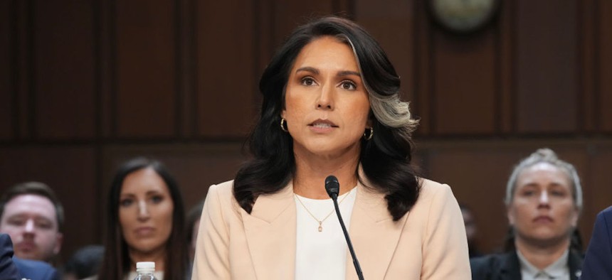 Director of National Intelligence Tulsi Gabbard appears during a Senate Committee on Intelligence Hearing on March 25, 2025 in Washington, DC. Gabbard fired two top NIC officials in a move meant to end “weaponization and politicization” of the intelligence community.