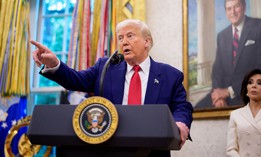 President Donald Trump takes a question during a swearing in ceremony for interim U.S. Attorney for Washington, D.C. Jeanine Pirro on May 28, 2025 in Washington, DC. Trump's proposed fiscal year 2026 budget would cut roughly 1,000 full-time employees from CISA.