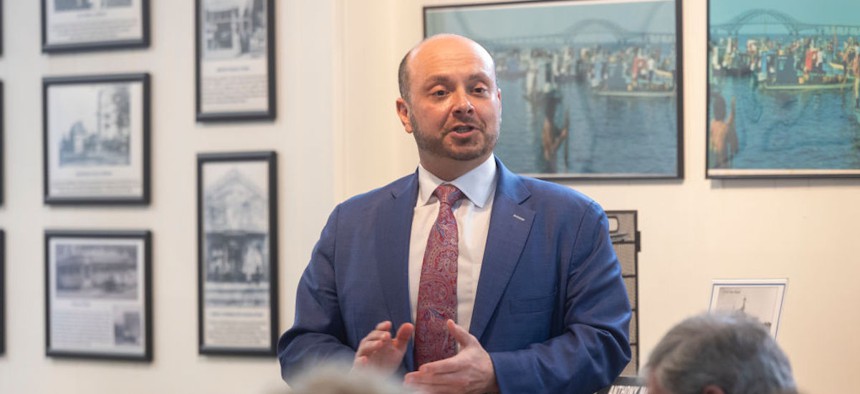 New York Republican Congressman Andrew Garbarino stresses the importance of cybersecurity on Feb. 21, 2024 in Babylon, New York.