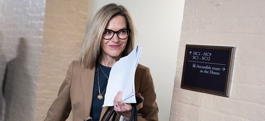 Rep. Julie Fedorchak, R-N.D., leaves a meeting of the House Republican Conference in the U.S. Capitol on Friday, April 8, 2025. Fedorchak launched a House working group on artificial intelligence and energy in February.