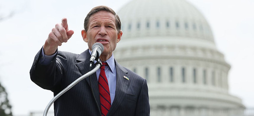 U.S. Senator Richard Blumenthal speaks at the rally to Say NO to Tax Breaks for Billionaires & Corporations at US Capitol on April 10, 2025 in Washington, DC.