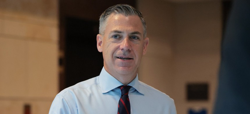 U.S. Sen. Jim Banks (R-IN) walks into the Defense Subcommittee closed hearing at the U.S. Capitol on June 17, 2025 in Washington, D.C. Banks and Sen. Mazie Hirono (D-Hawaii) introduced legislation in the Senate Wednesday to digitize communications on GI Bill benefits.