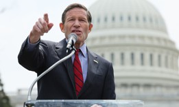 Senator Richard Blumenthal, D-Conn., speaks at a rally at the US Capitol on April 10, 2025 in Washington, DC. Blumenthal and Sen. Angus King, I-Maine, called on the VA Inspector General June 13 to examine the agency's use of AI to cancel contracts.