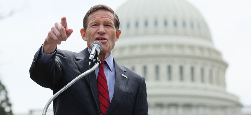 Senator Richard Blumenthal, D-Conn., speaks at a rally at the US Capitol on April 10, 2025 in Washington, DC. Blumenthal and Sen. Angus King, I-Maine, called on the VA Inspector General June 13 to examine the agency's use of AI to cancel contracts.