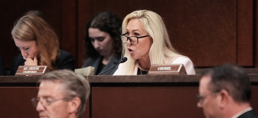 DOGE Subcommittee chair US Representative Marjorie Taylor Greene, Repulbican from Georgia, speaks during a hearing on trans people in women's sports on Capitol Hill in Washington, DC, on May 7, 2025. Greene and other Republicans on the committee spared with Democrats on teh effectiveness of DOGE and its efforts at a June 24 hearing.